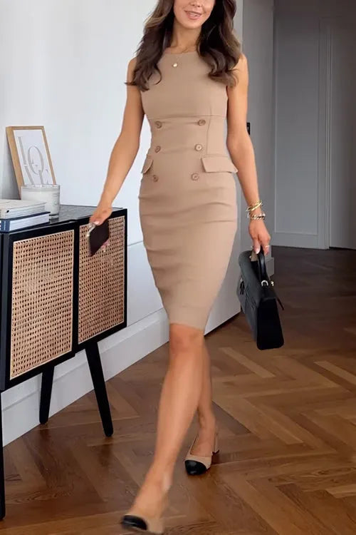 Double Breasted Sleeveless Work Office Bodycon Dress