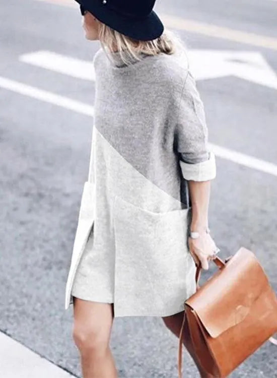 Mockneck Color Block Splice Dress with Pockets