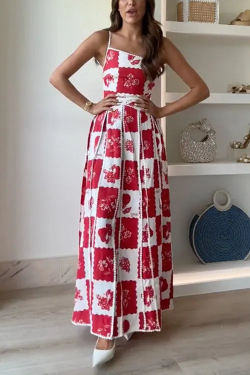 One Shoulder Ric Rac Trim Unique Print Maxi Cami Dress