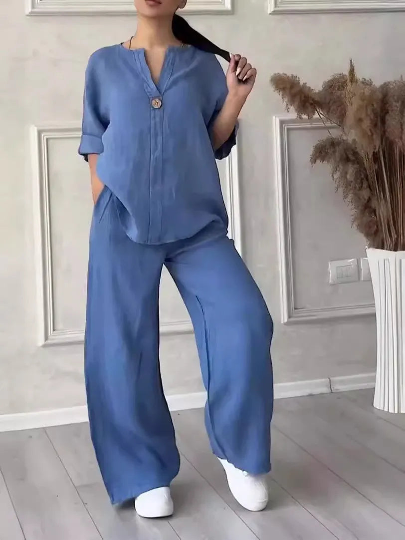 Women's Comfortable Loose Top Wide-Leg Pants Casual Cotton And Linen Suit