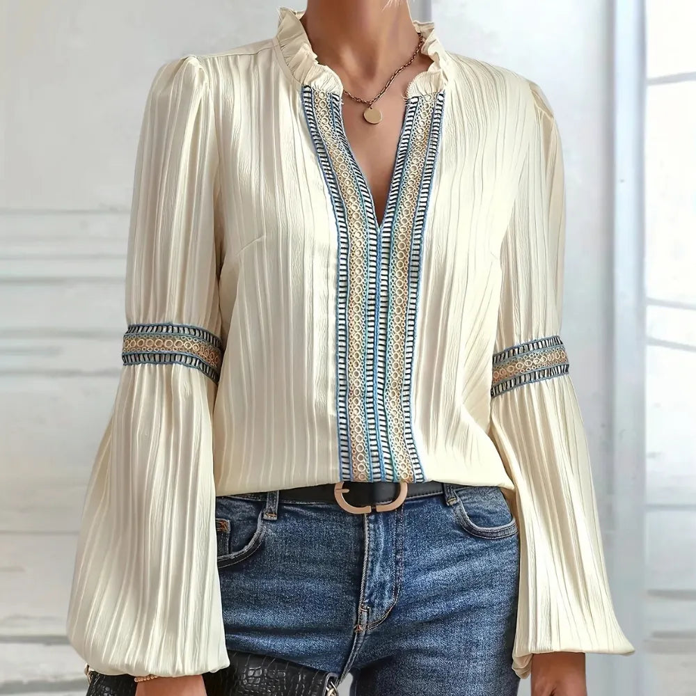 Elegant Beige Women's Bohemian Blouse with Long Sleeves