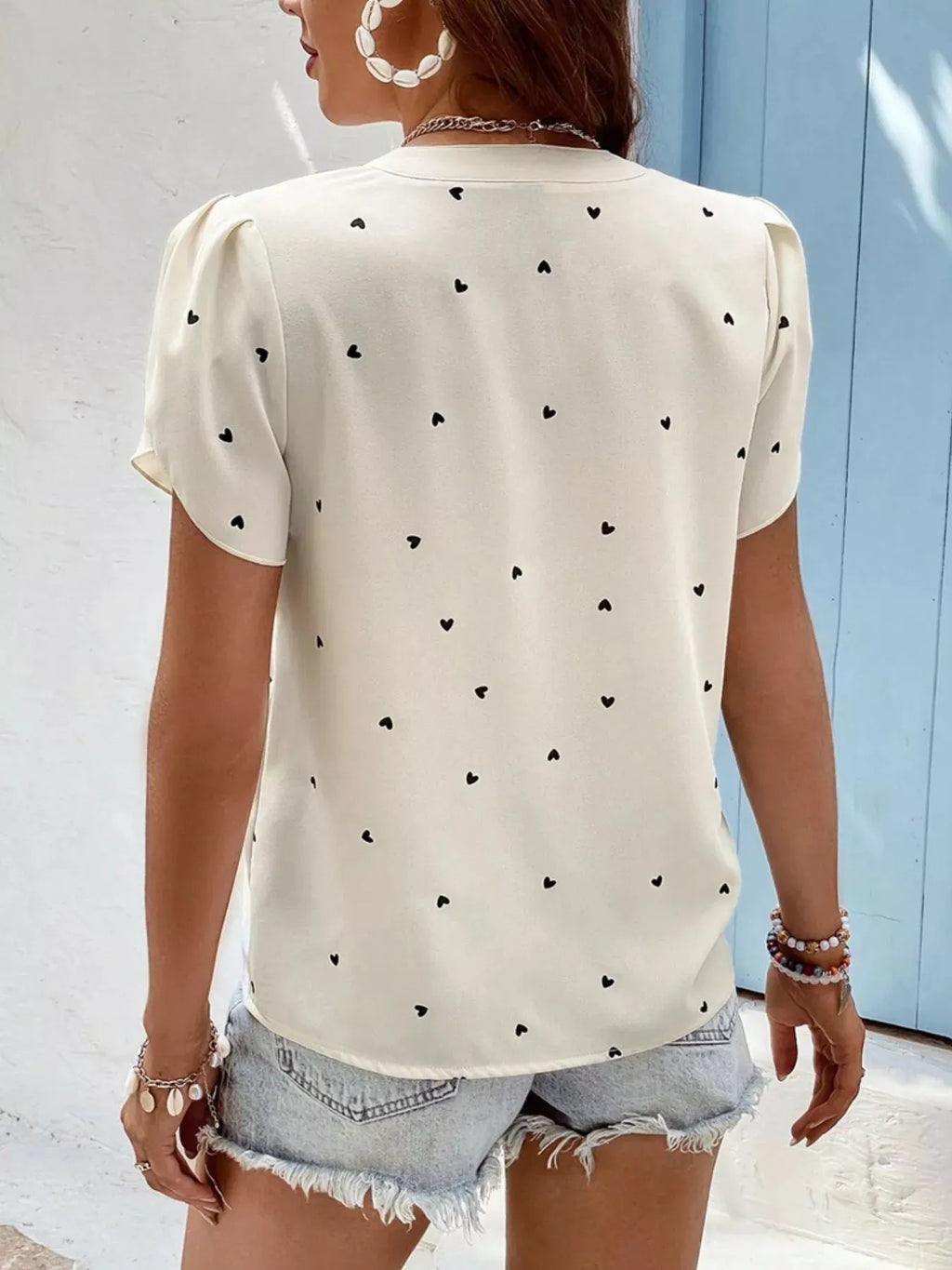 Heart Print Petal Sleeve Blouse
