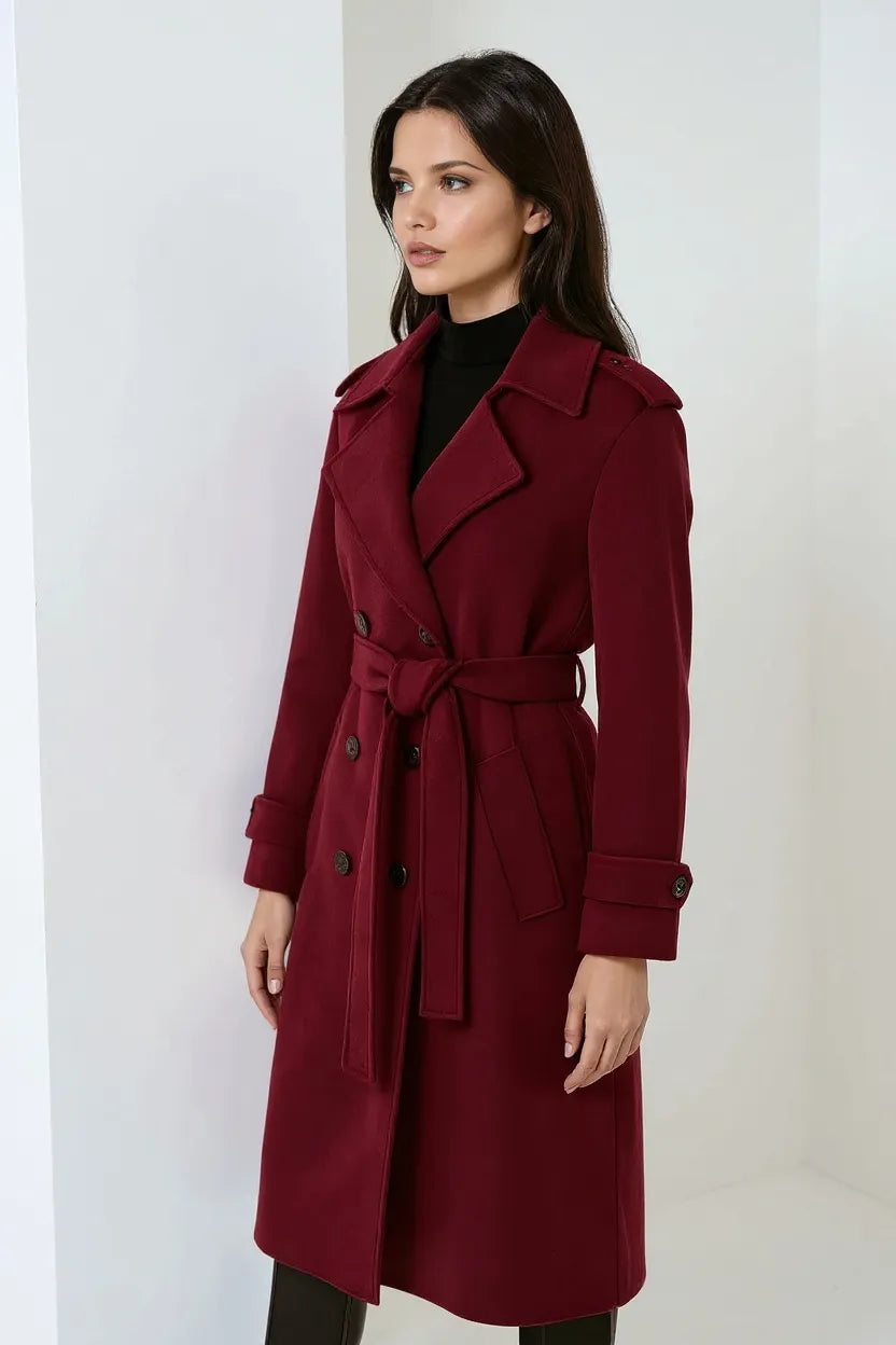 Burgundy Lange Wollen Winterjas – Elegantie & Warmte Voor IJskoude Dagen