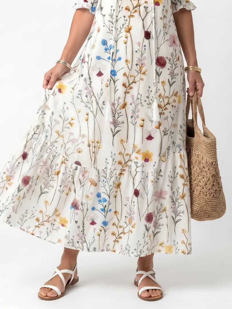 Sylvie | Botanical Print Tassel Tie Midi Dress