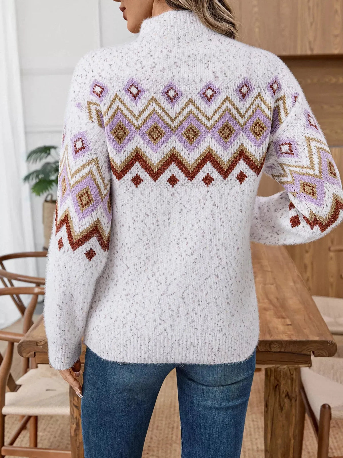 Geometric Mock Neck Long Sleeve Sweater