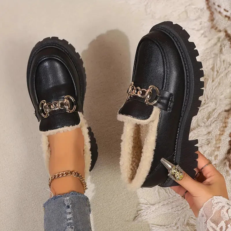Warm Black Women's Loafers with Fur Lining