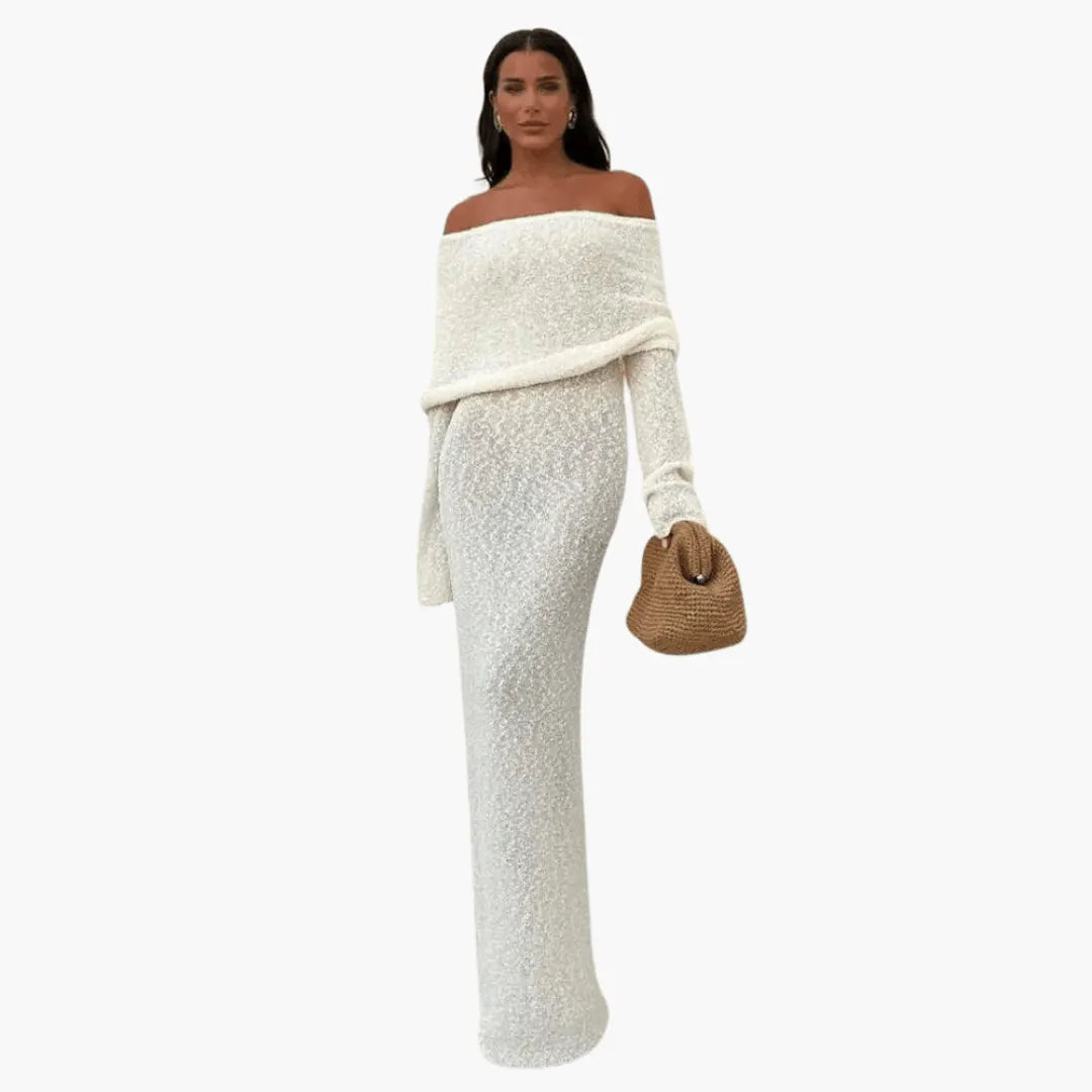 Women's Off-Shoulder White Maxi Dress with Long Sleeves