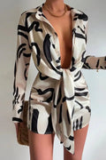 Lapel Long Sleeve Tie Knot Front Printed Mini Dress