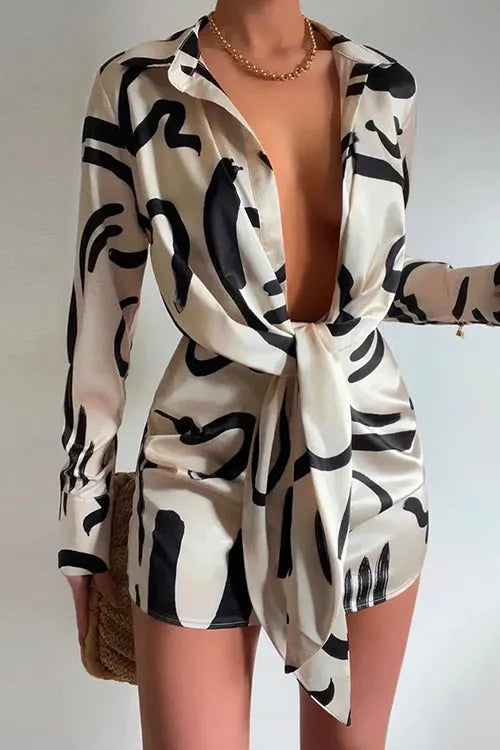 Lapel Long Sleeve Tie Knot Front Printed Mini Dress