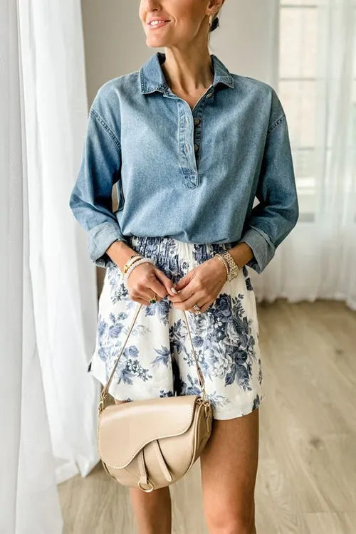 Long Sleeves Buttons Distressed Denim Shirt