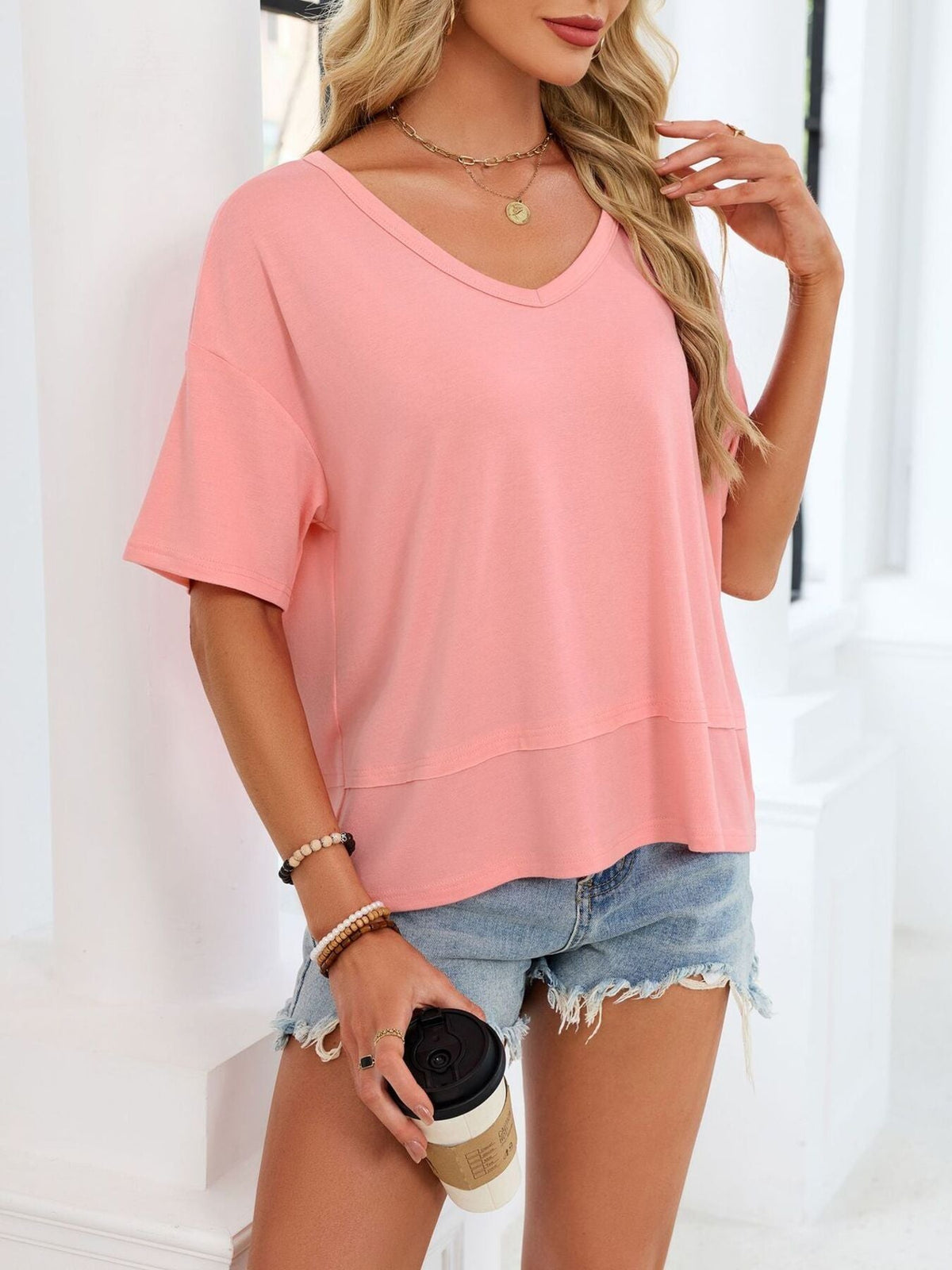 V-Neck Relaxed Fit Solid Color T-Shirt