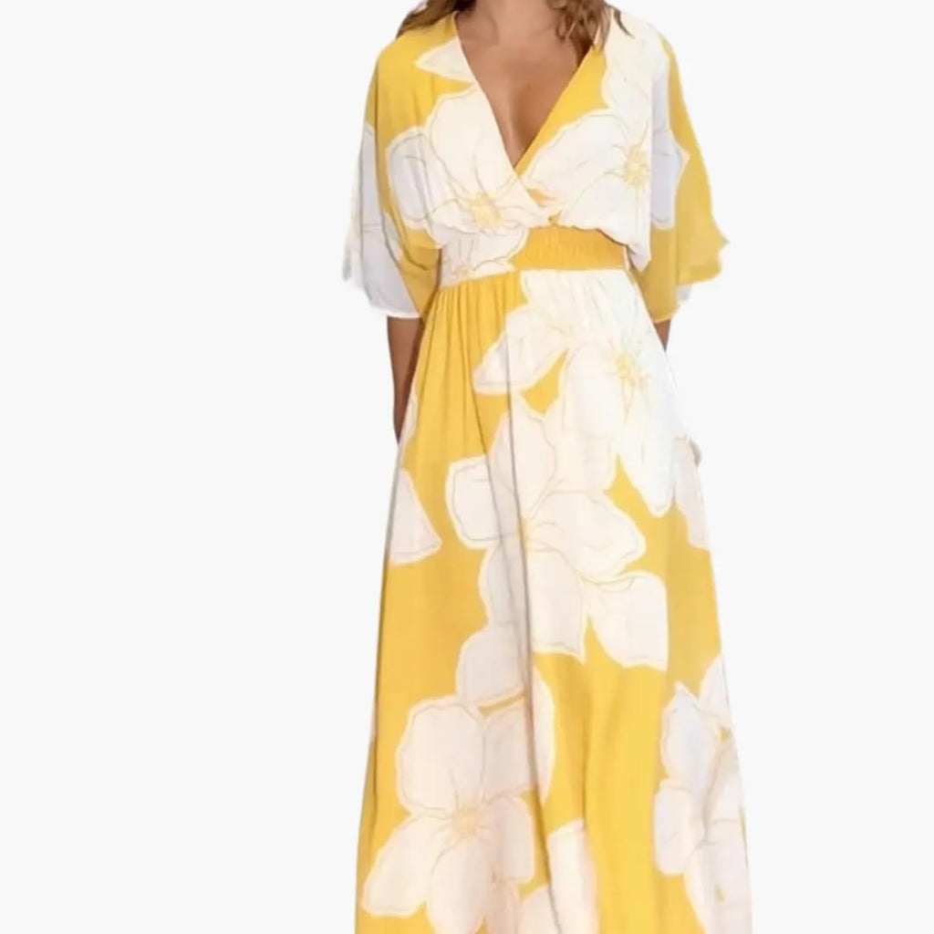Womenâs Floral Summer Dress with V-Neckline and Wide Short Sleeves