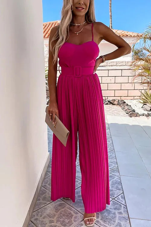 Spaghetti Strap Belted Pleated Wide Leg Jumpsuit