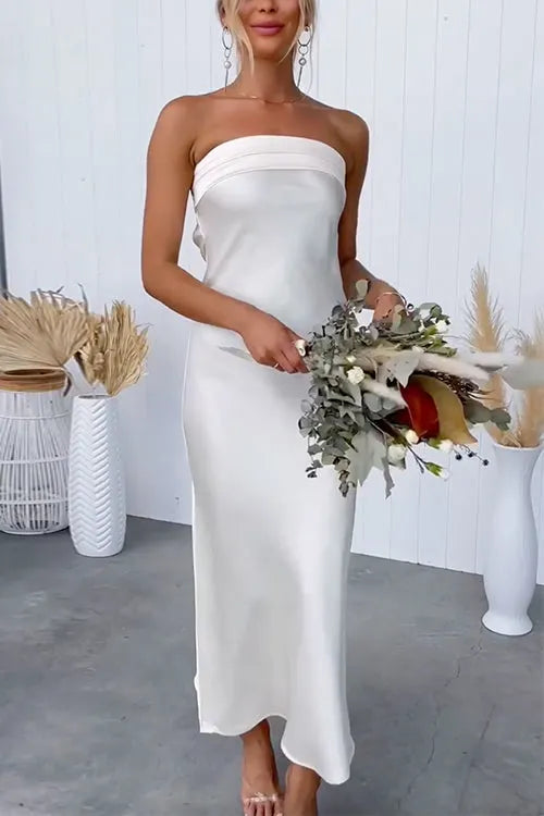 Backless Tube Top Solid Satin Maxi Party Dress