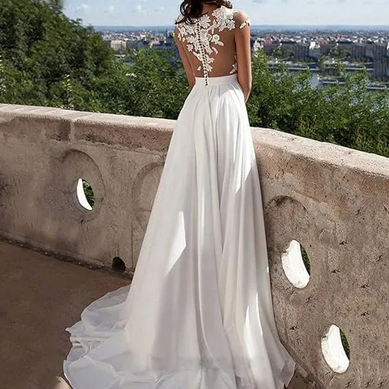 Damen Abendkleid aus Spitze mit floraler Verzierung, Beinschlitz und transparentem RÃ¼cken