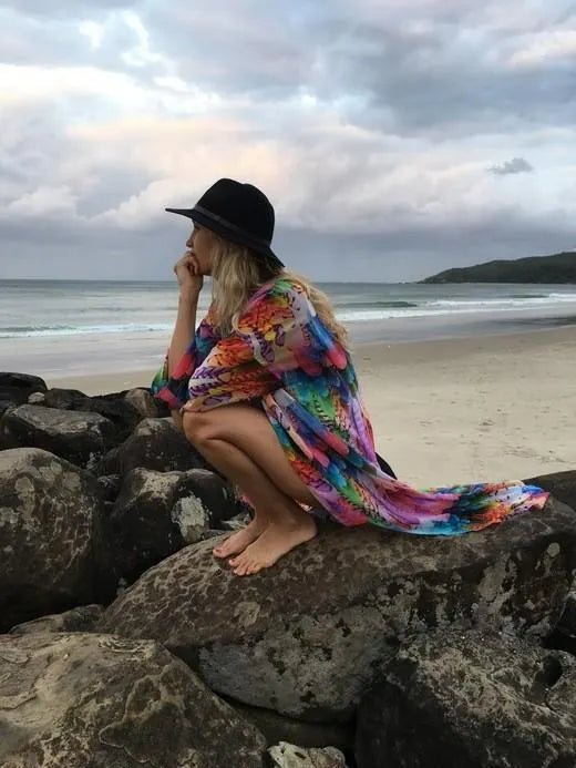 Chiffon Color Feather Printed Beach Bikini Sunscreen Cardigan Cover-up