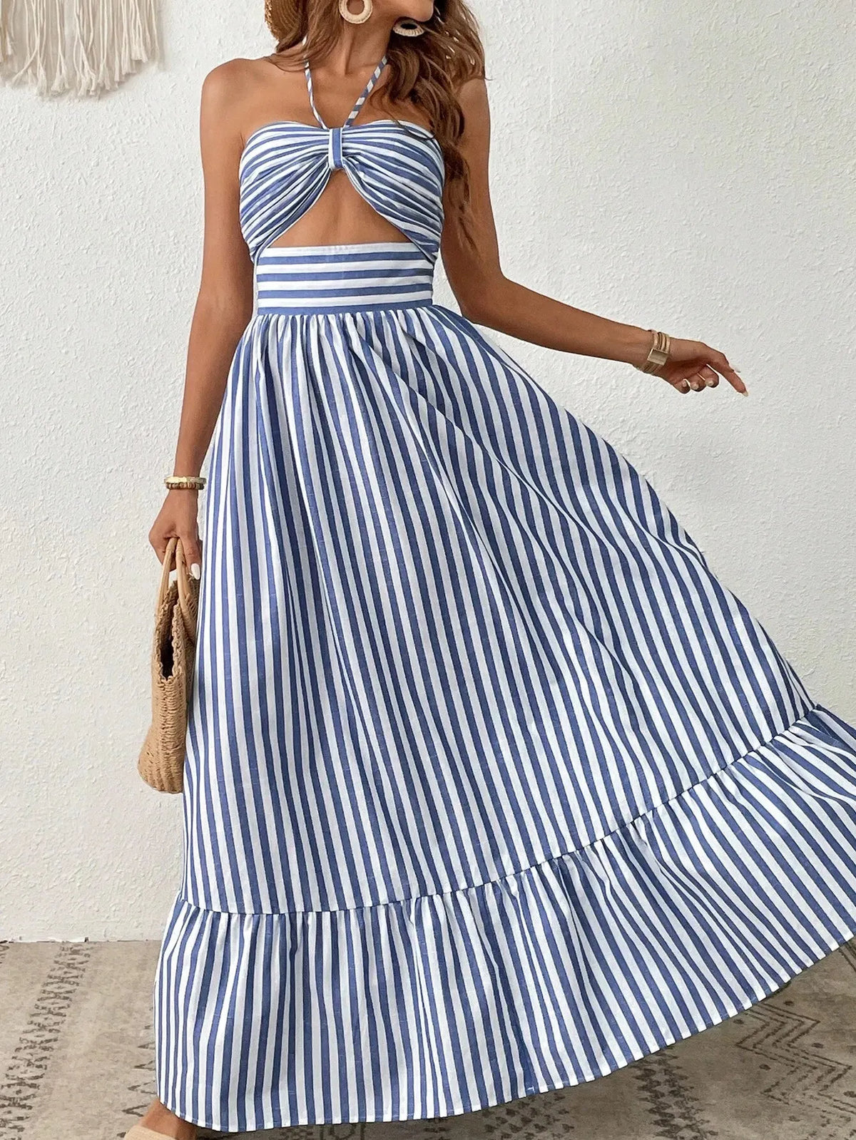 Vestido Longo Isadora Listrado Azul e Branco