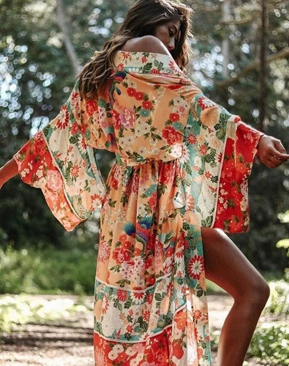 Boho Patchwork Maxi Floral Print Long Batwing Sleeve Belt Cover-up