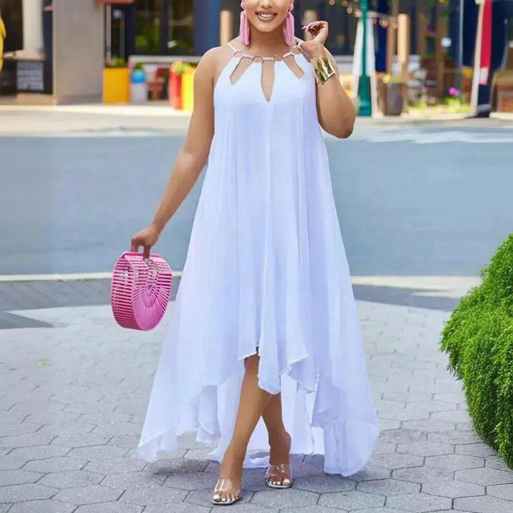 Sexy metal buckle collar loose long dress