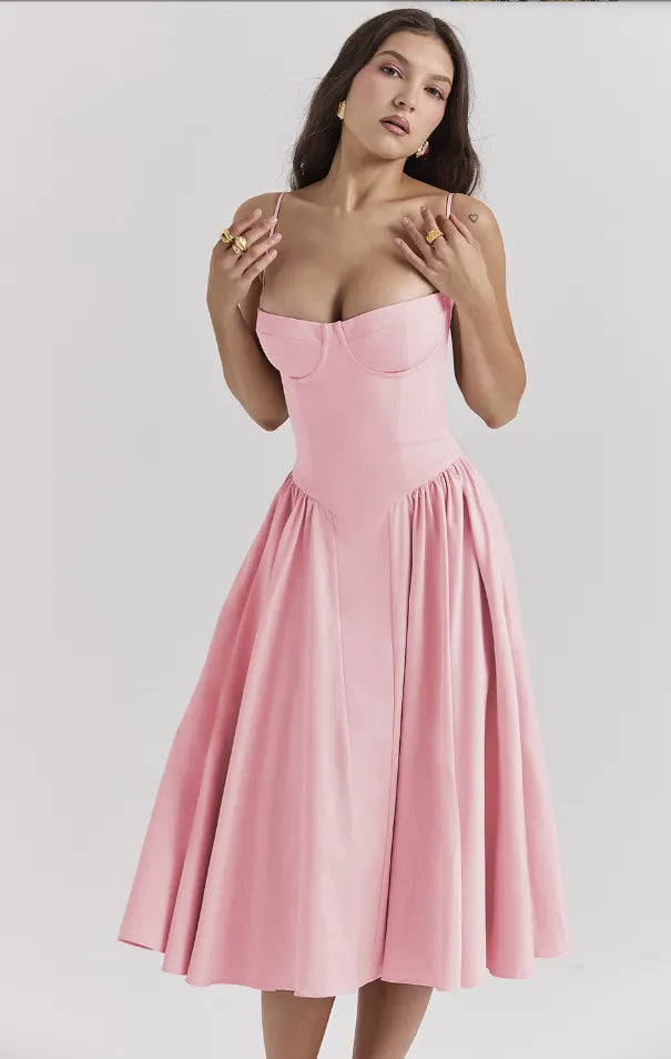 Midi-Kleid mit Spaghettiträgern & plissiertem Rock