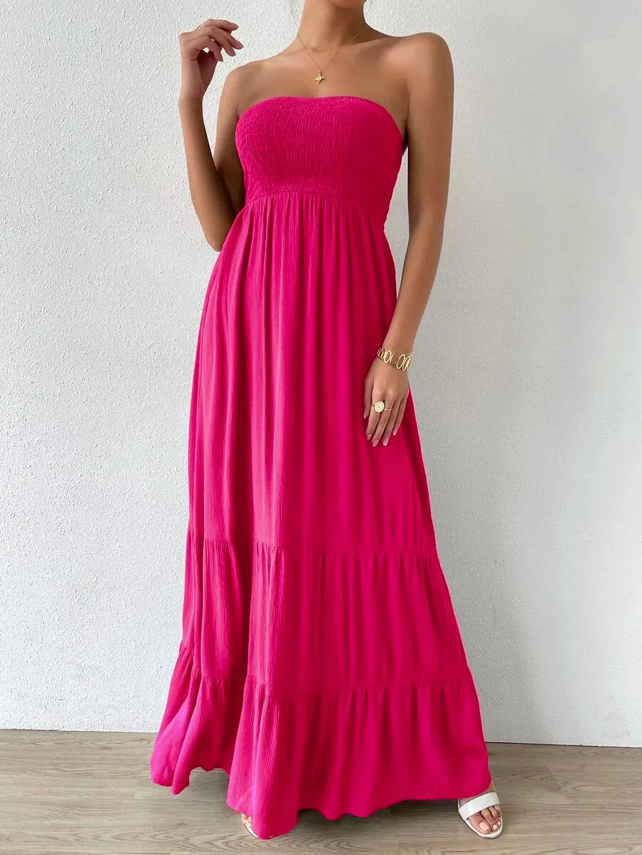 Vestido Feminino Longo Com Babado Liso Rosa