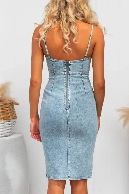 Back Zip Up High Waist Slit Denim Bodycon Cami Dress