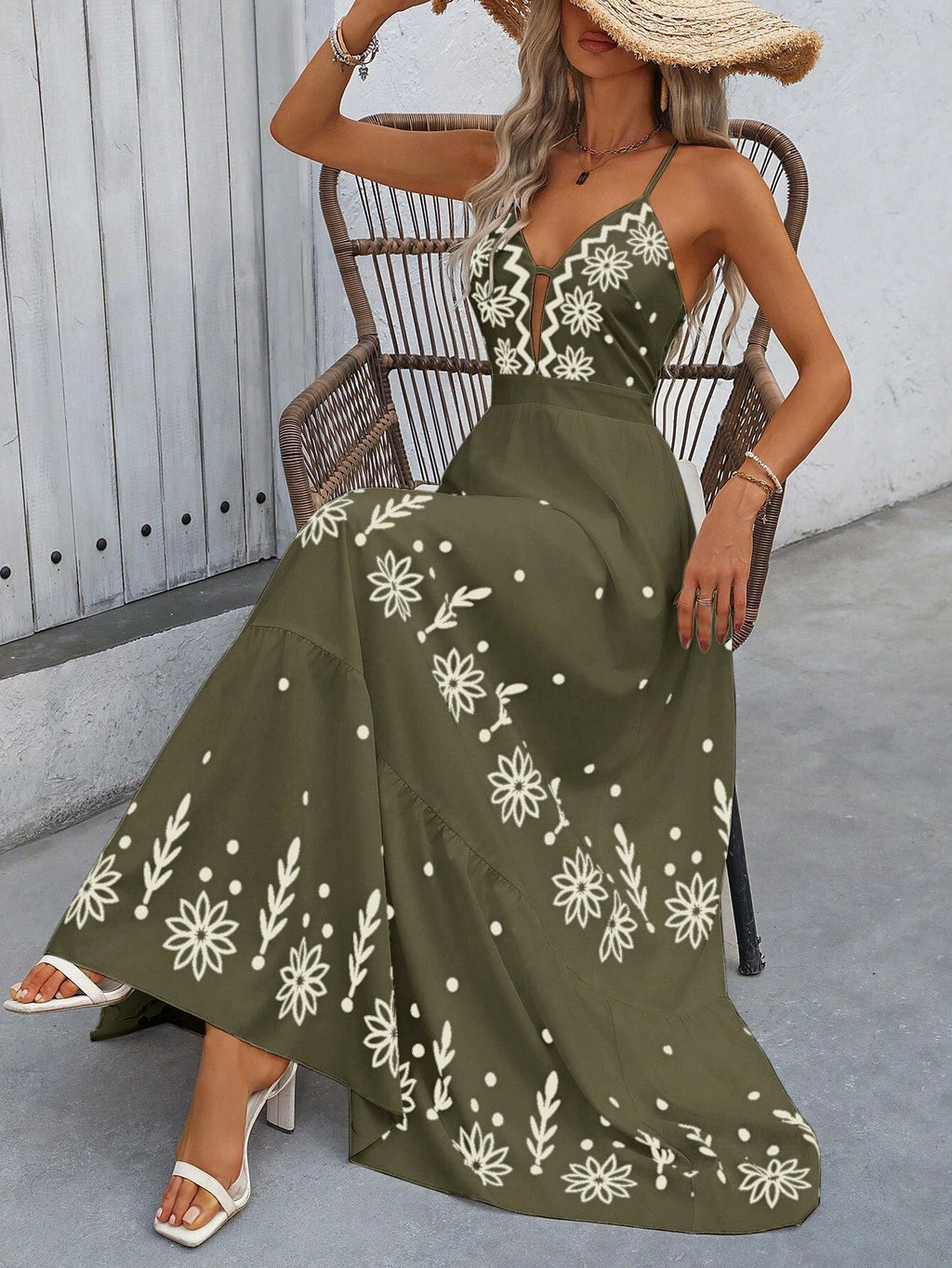 Vestido Longo Verde Militar Estampa Flores