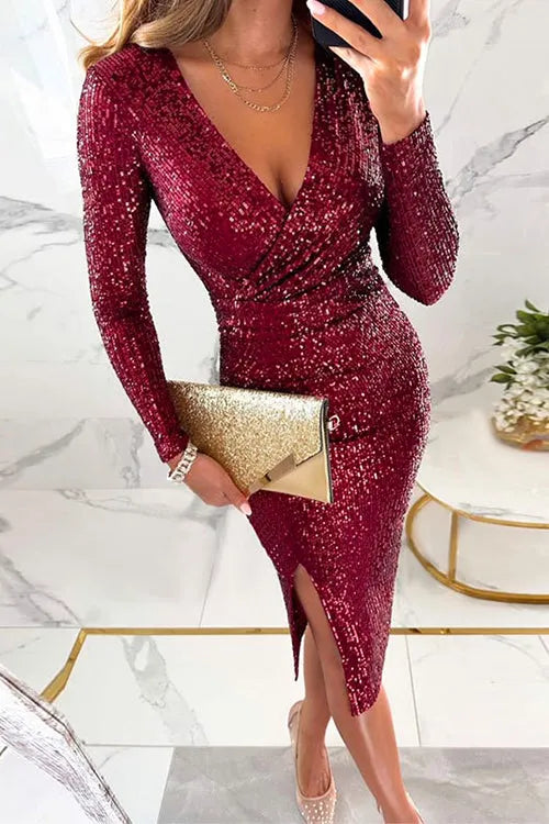 Wrap V Neck Waisted Slit Bodycon Sequin Midi Dress