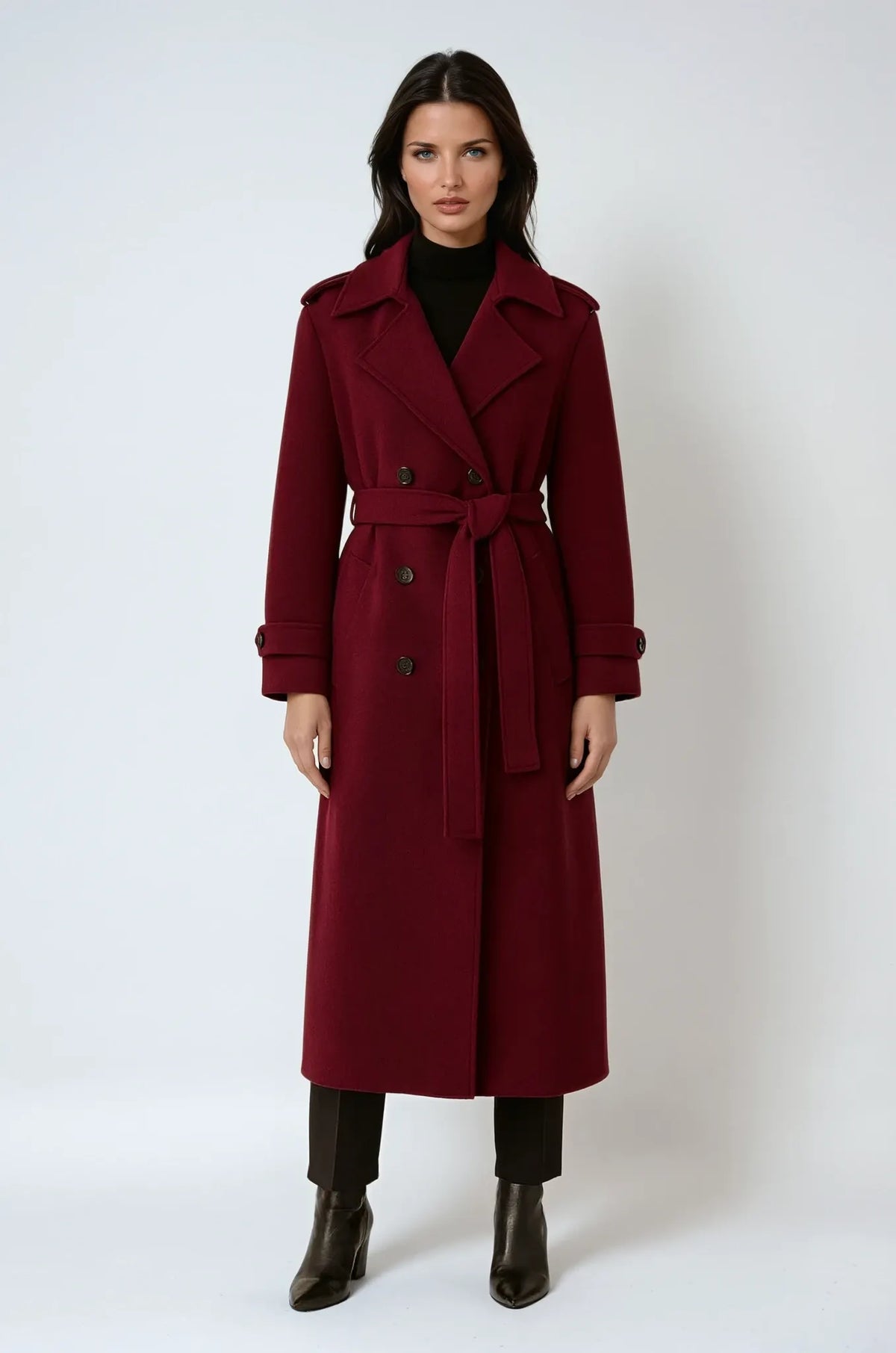 Burgundy Lange Wollen Winterjas – Elegantie & Warmte Voor IJskoude Dagen