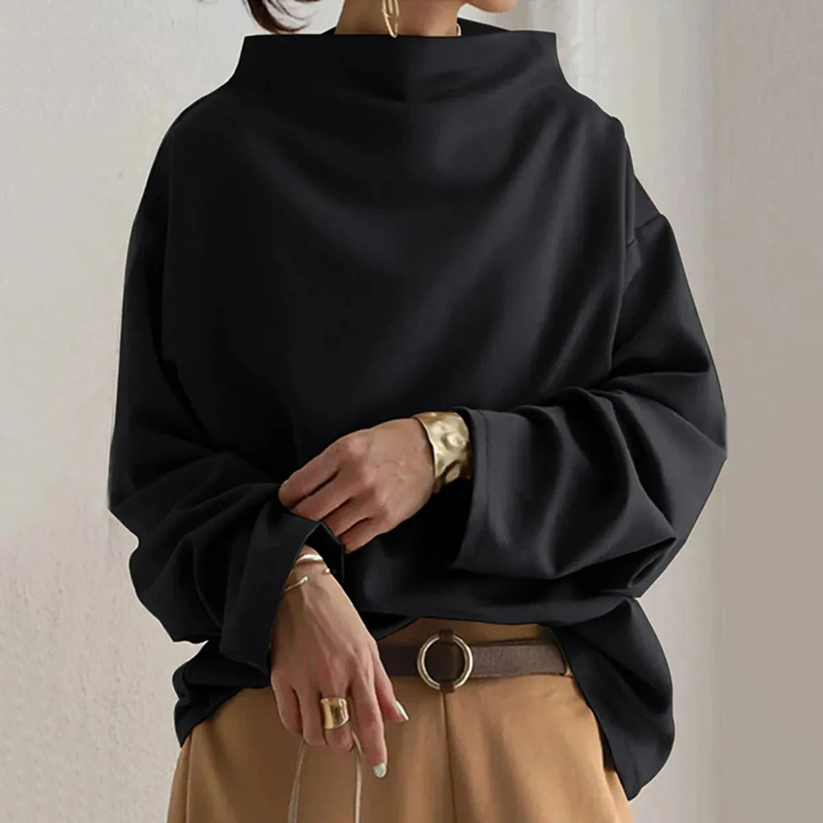 - Damen minimalistisches lockeres schwarzes Oberteil für vielseitigen Stil
