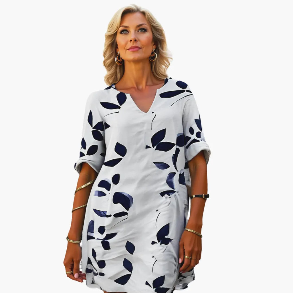 Womenâ€™s Short Dress with V-Neckline and Rolled Sleeves