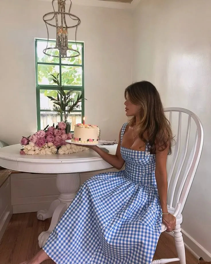 Gingham Kleid – Eckiger Ausschnitt, Knopfdetails