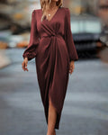 Elegante V-Hals Jurk Voor Dames | Luxe Lantaarnmouw Midi Jurk