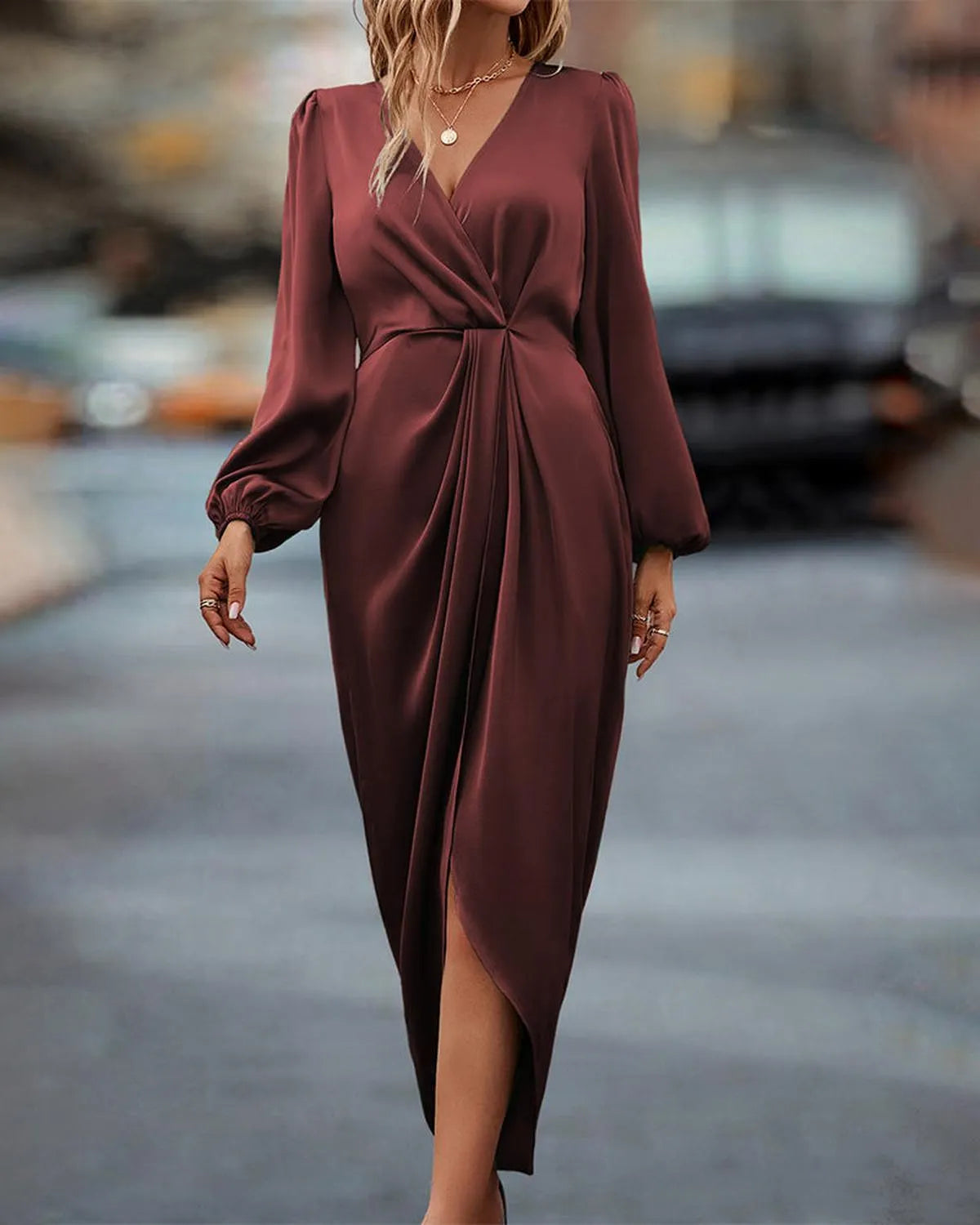 Elegante V-Hals Jurk Voor Dames | Luxe Lantaarnmouw Midi Jurk