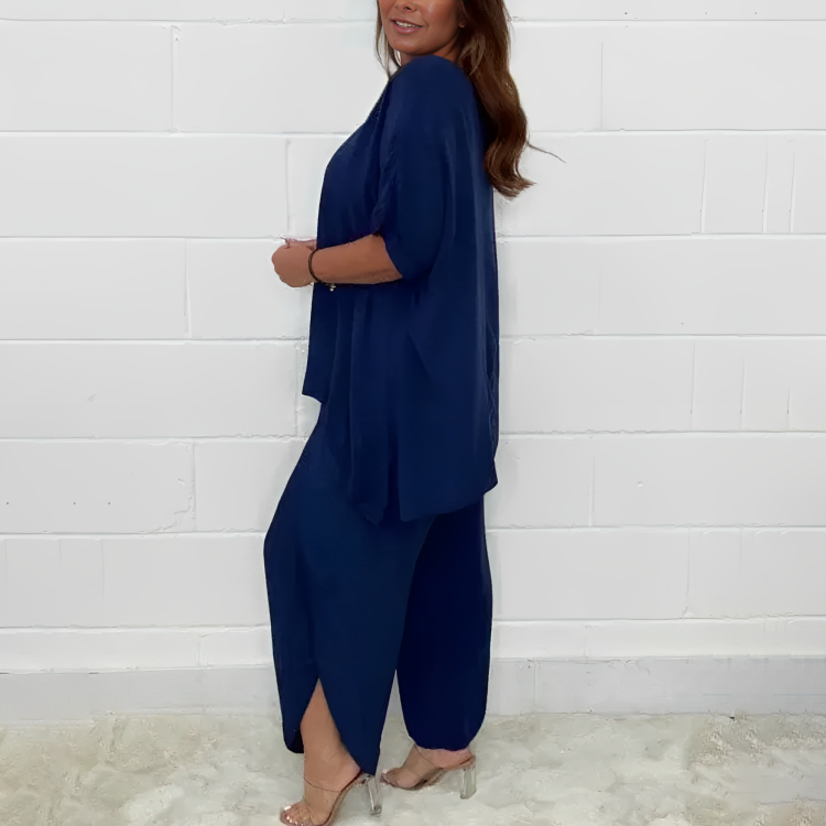 JULES | Dames 2 Delige Relaxed Fit Set Wijdvallende Top & Korte Mouw – Comfortabele Flared Broek