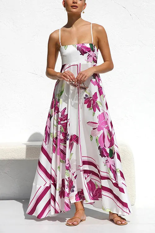 Spaghetti Strap High Waist Floral Print Swing Maxi Vacation Dress