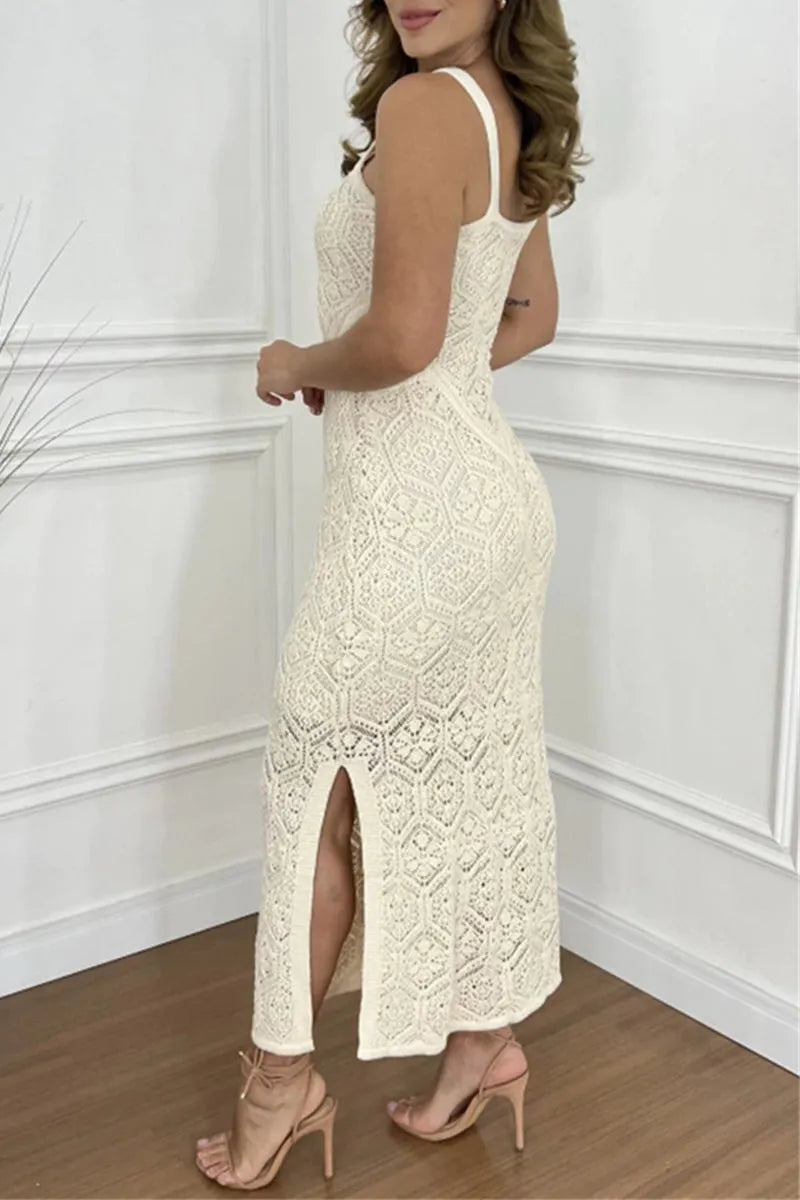 Sexy Solid Color Hollow Out Slit Square Neck One Step Skirt Dresses