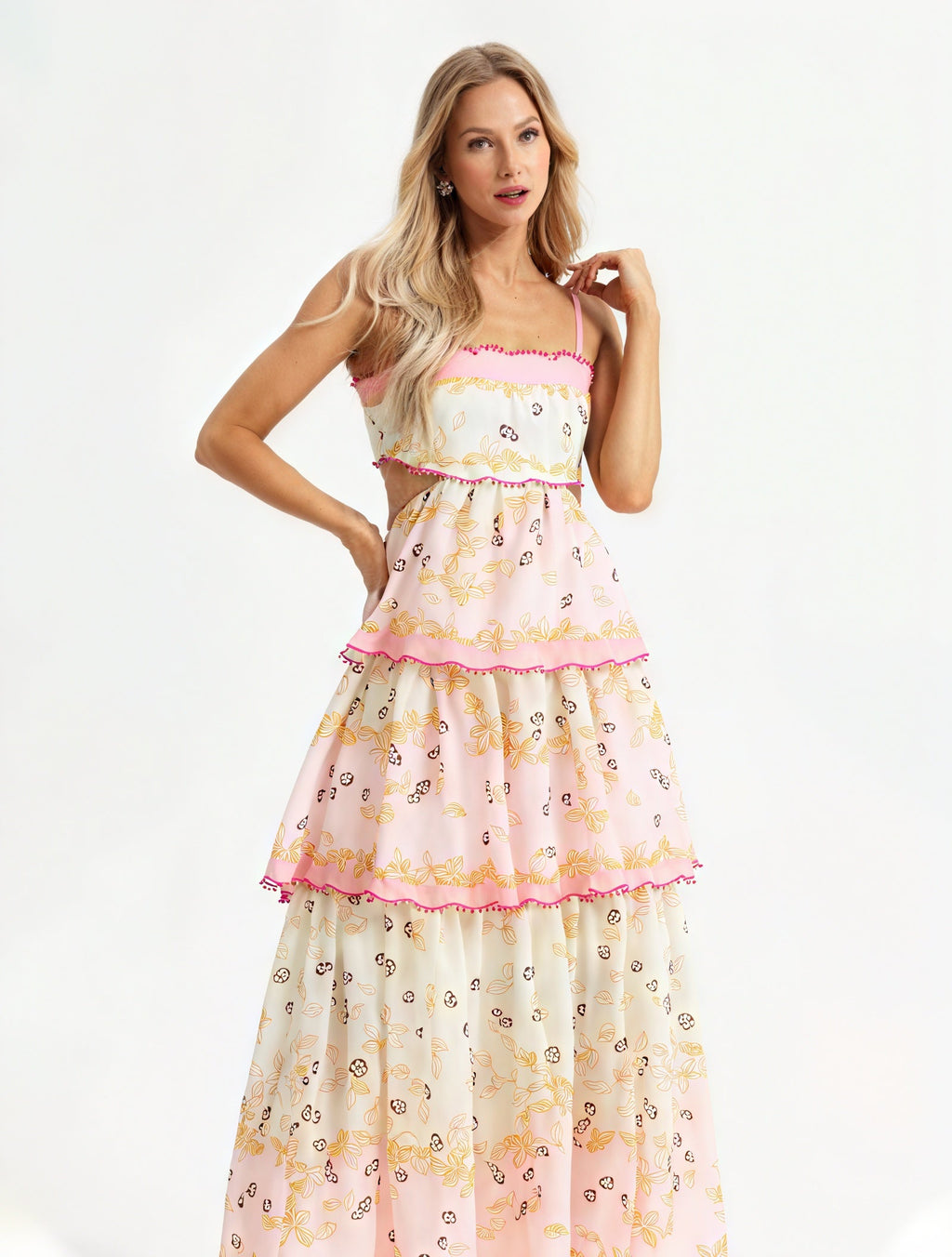 Geblümtes Midi-Kleid mit Stufenrock