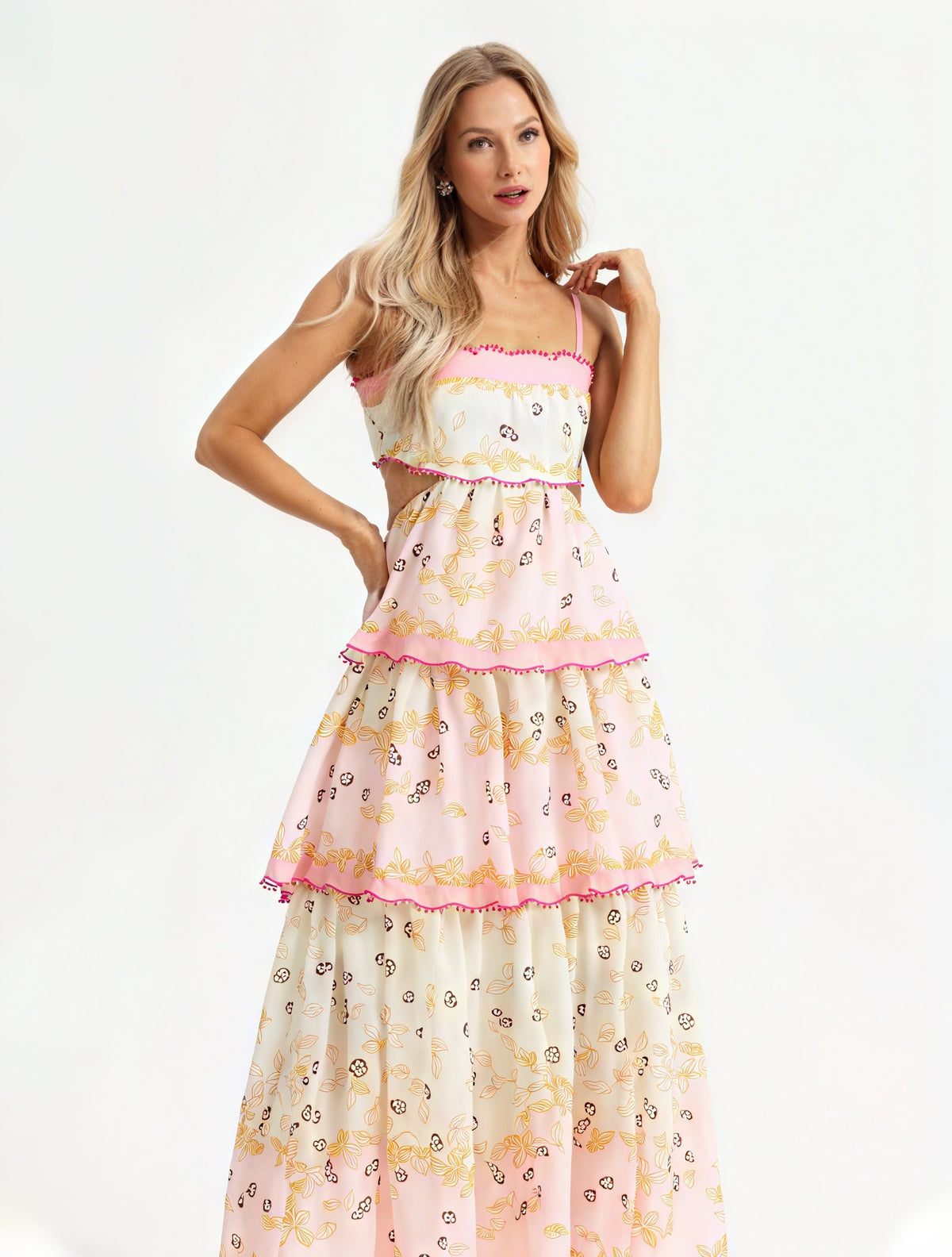 Geblümtes Midi-Kleid mit Stufenrock