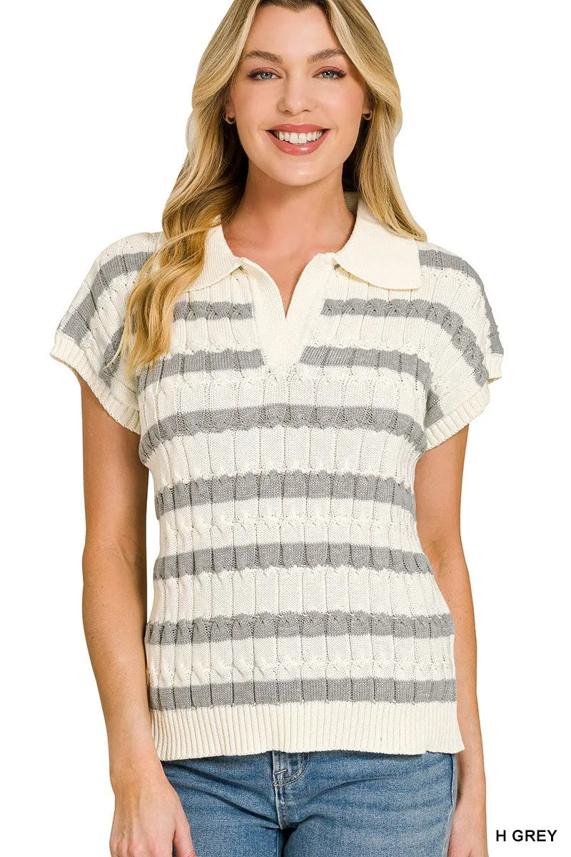 Zenana Textured Stripe Collared Sweater Vest
