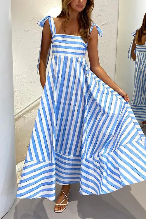 Pocketed Bow Shoulder Striped Swing Maxi Cami Dress