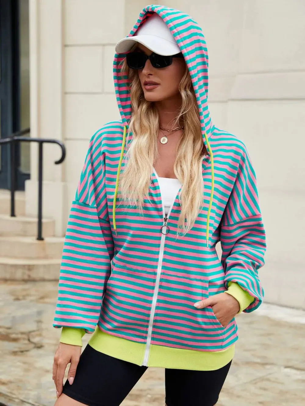 Drawstring Striped Zip Up Long Sleeve Hoodie