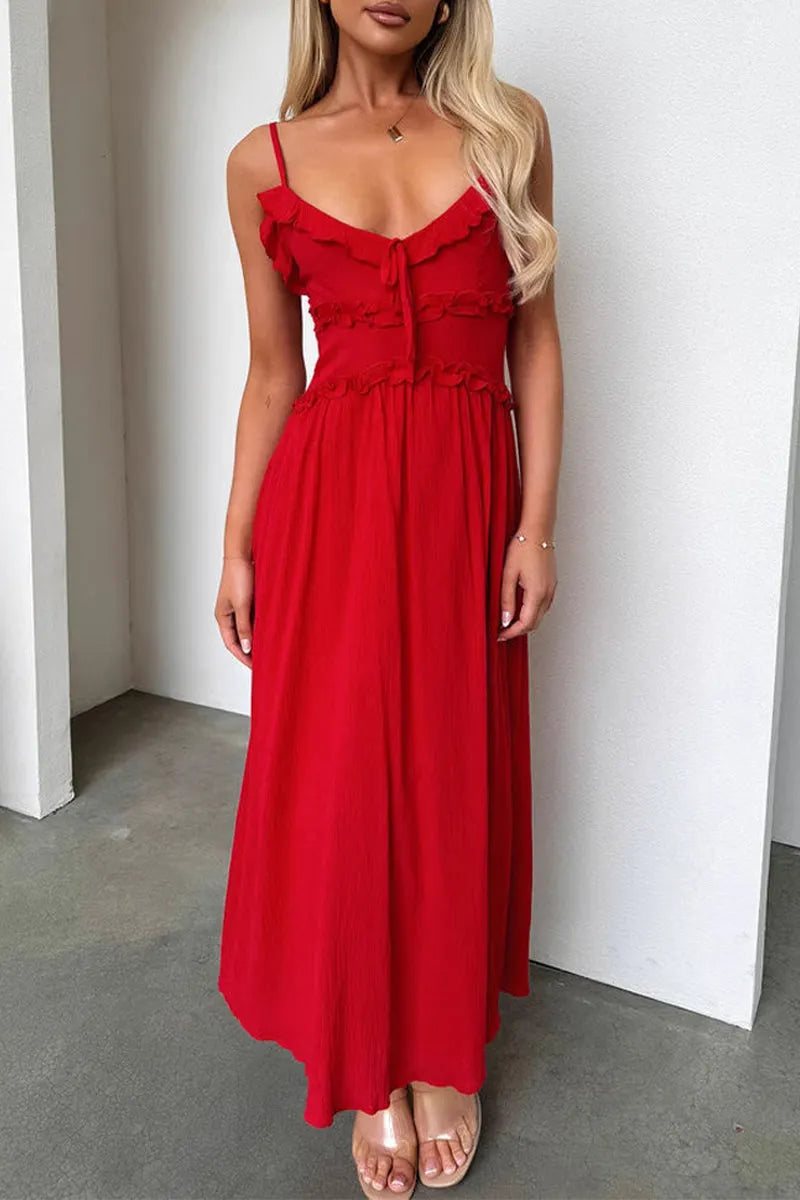 Sexy Solid Color Lace Up Ruffle V Neck Sling Dresses