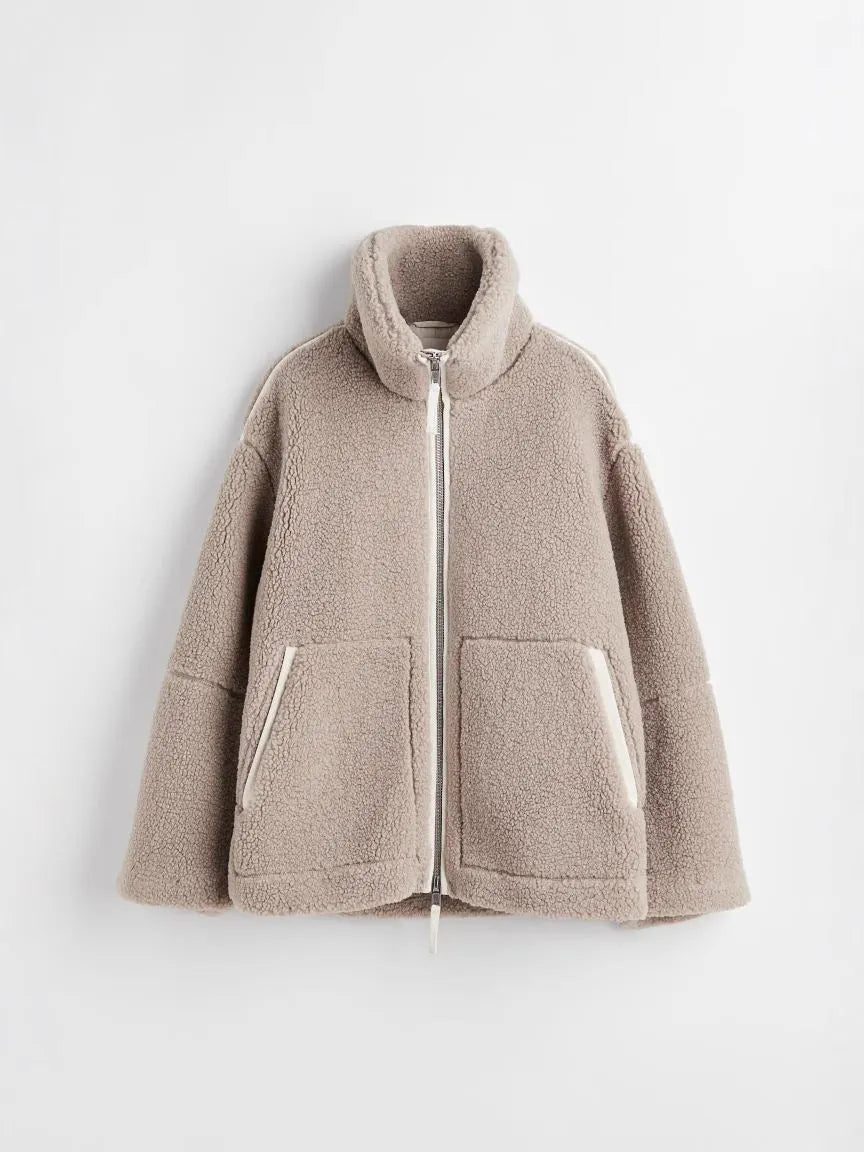 Damen Teddyjacke Warm Oversized Mit Reißverschluss