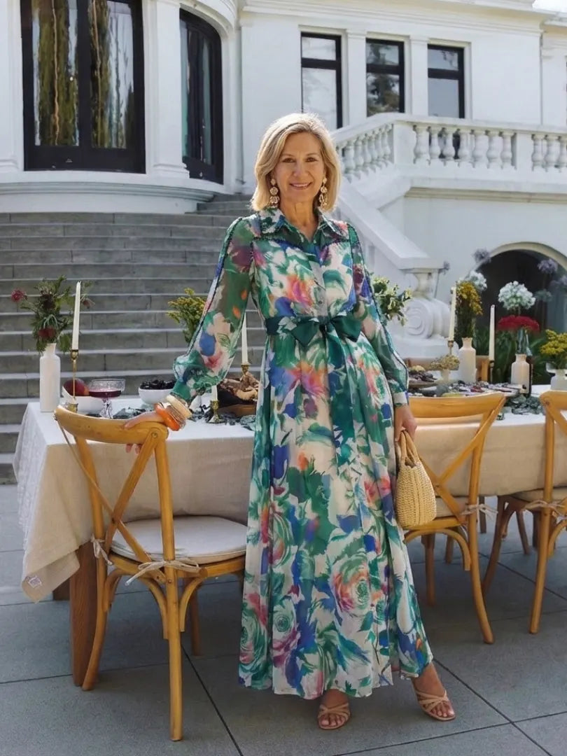 Carolina | Long Sleeve Printed Belted Maxi Dress