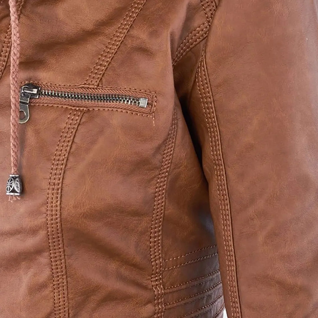 - Damen Lederjacke mit Kapuze