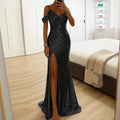 Damen Schulterfreies Glamour Maxikleid Mit Pailletten Für Feste
