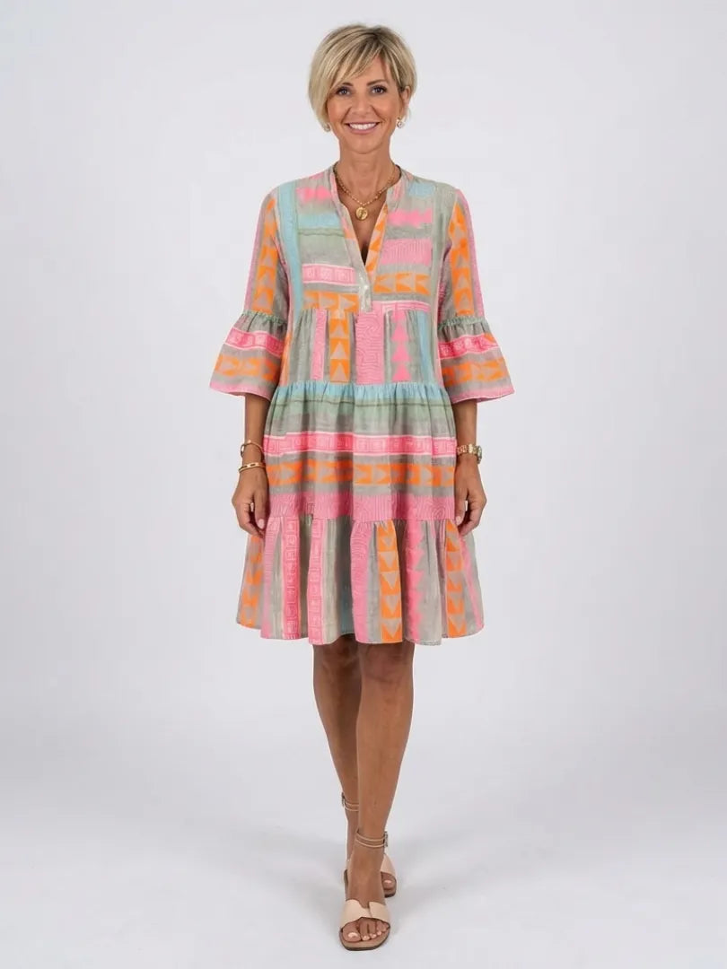 Maelle | Geometric Print V Neck Tiered Knee Length Dress