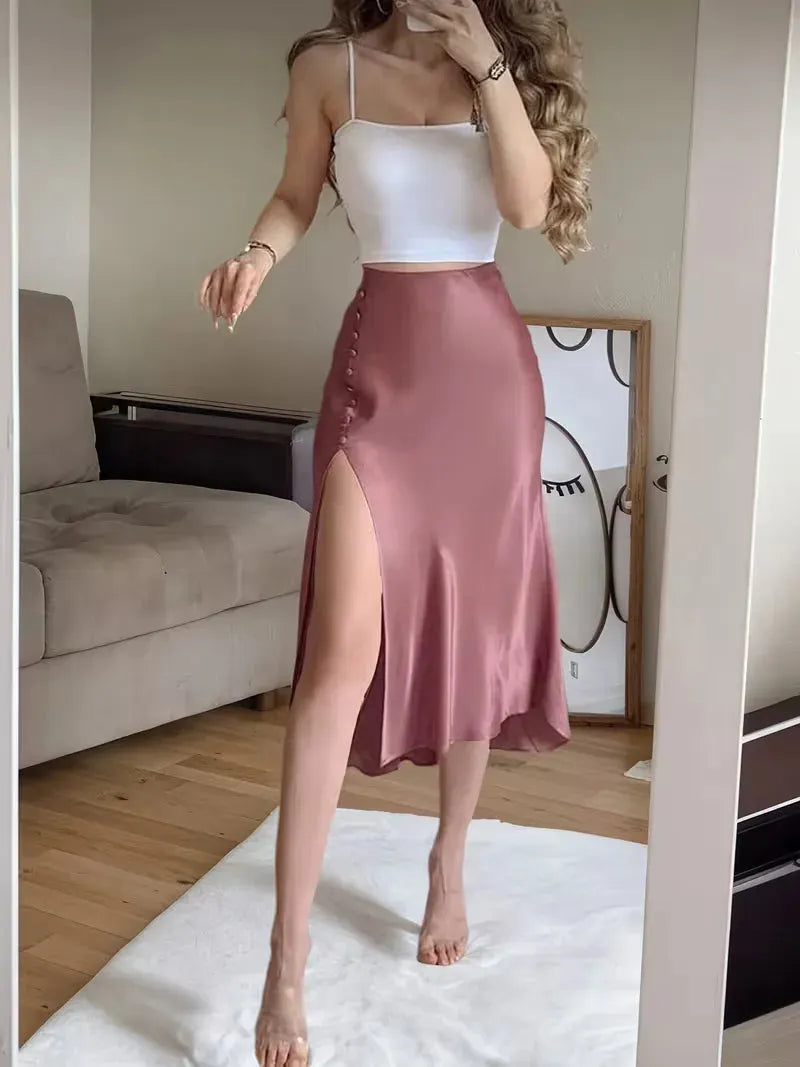 Satin Skirt for Women with High Split and Knot Details