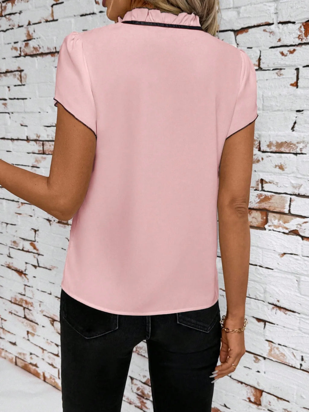 Tie Neck Short Sleeve Blouse